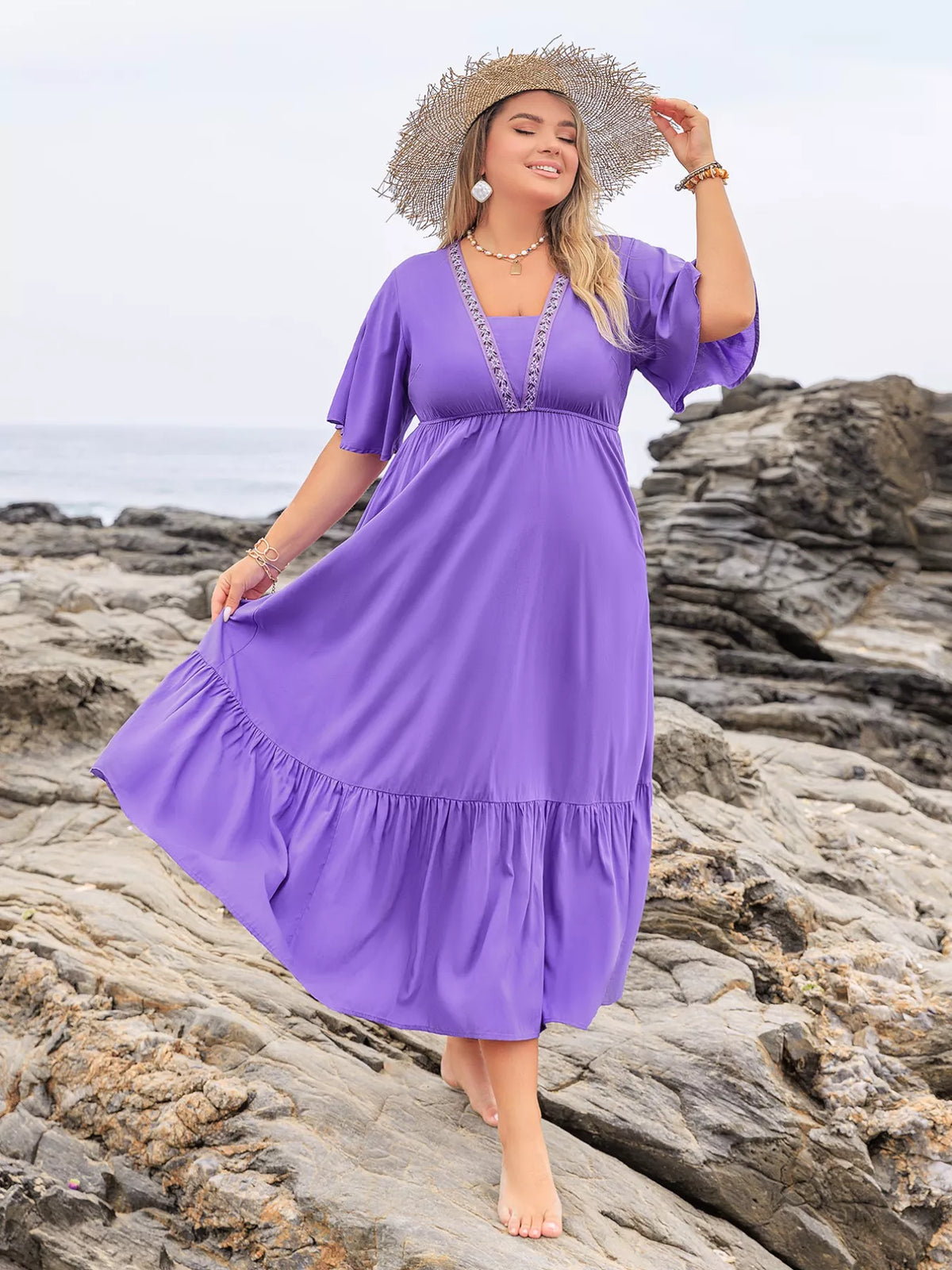 Flutter Sleeve Tiered Maxi Dress in Blue Purple