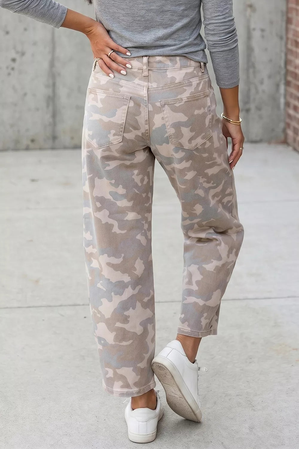 Camouflage Print Ankle Barrel Jeans in Dust Storm