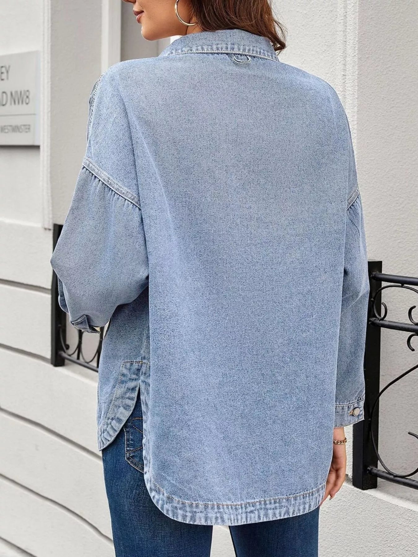 Loose Fit Button-Up Denim Jacket with Pockets by Moni Wear