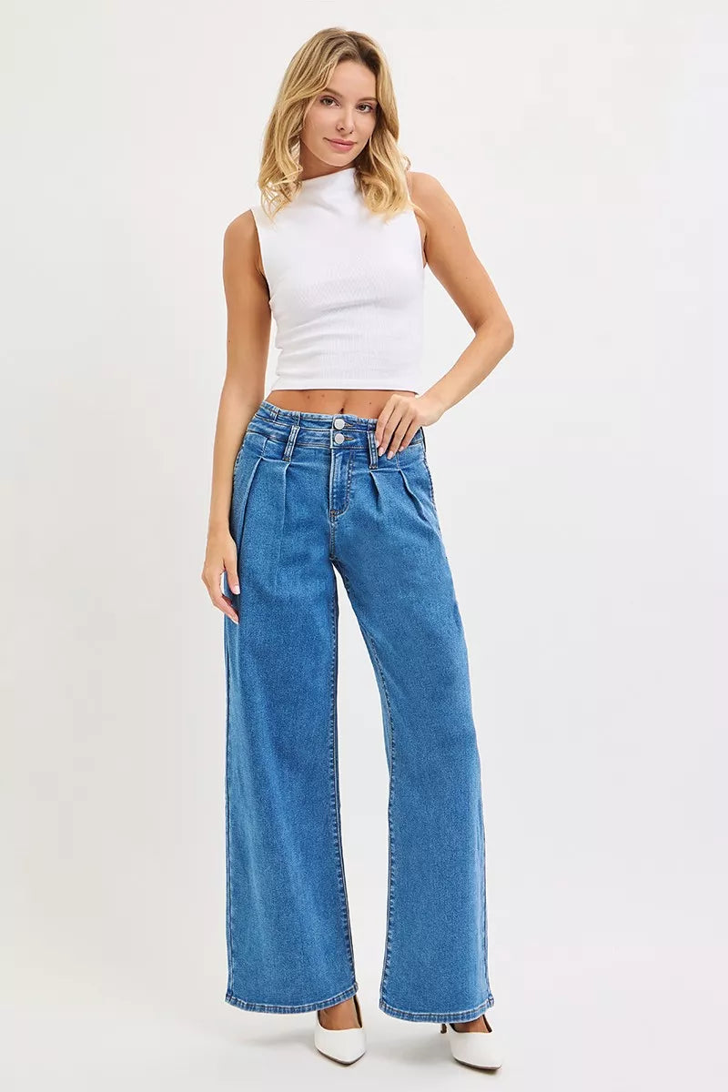 Risen Mid Rise Wide Leg Jeans with Pleated Detail in Medium Wash