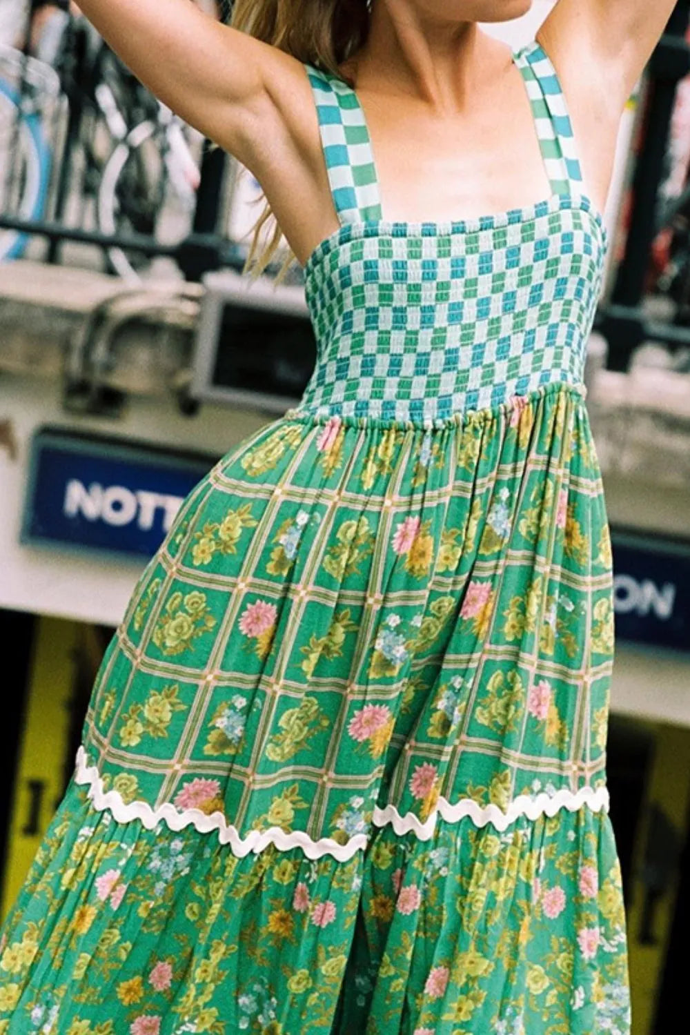 Backless Square Neck Tiered Dress in Green by Shenori