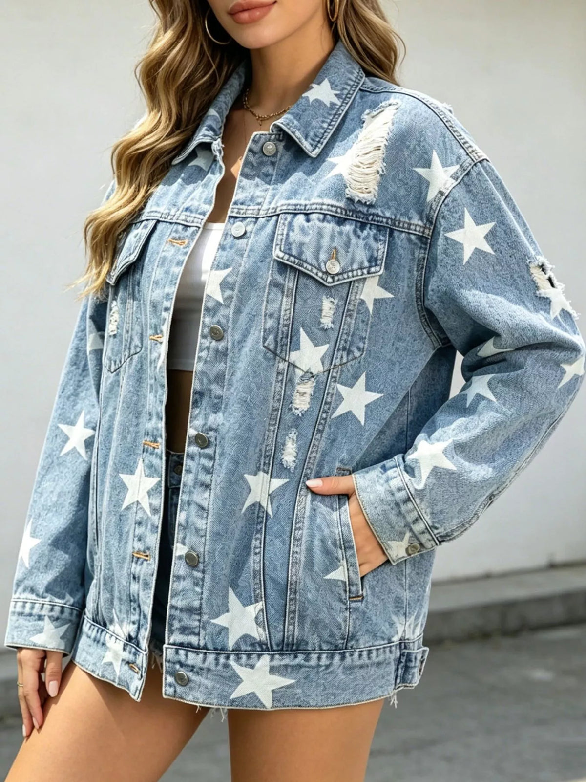Star Print Distressed Denim Jacket in Light Blue