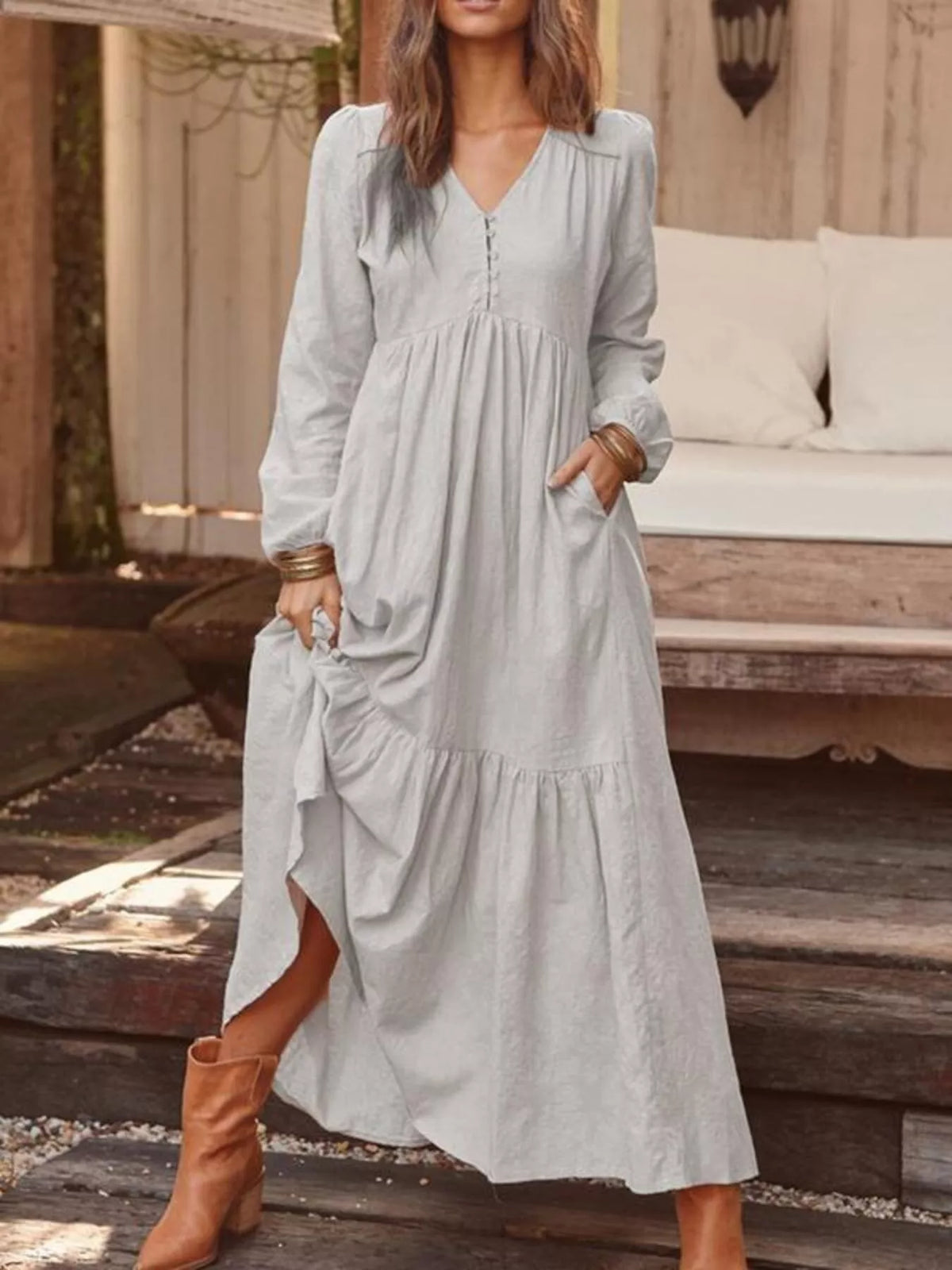 V-Neck Long Sleeve Tiered Maxi Dress with Pockets