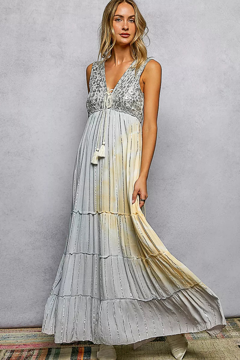 Deep V Tiered Maxi Dress in Light Grey Multi by POL