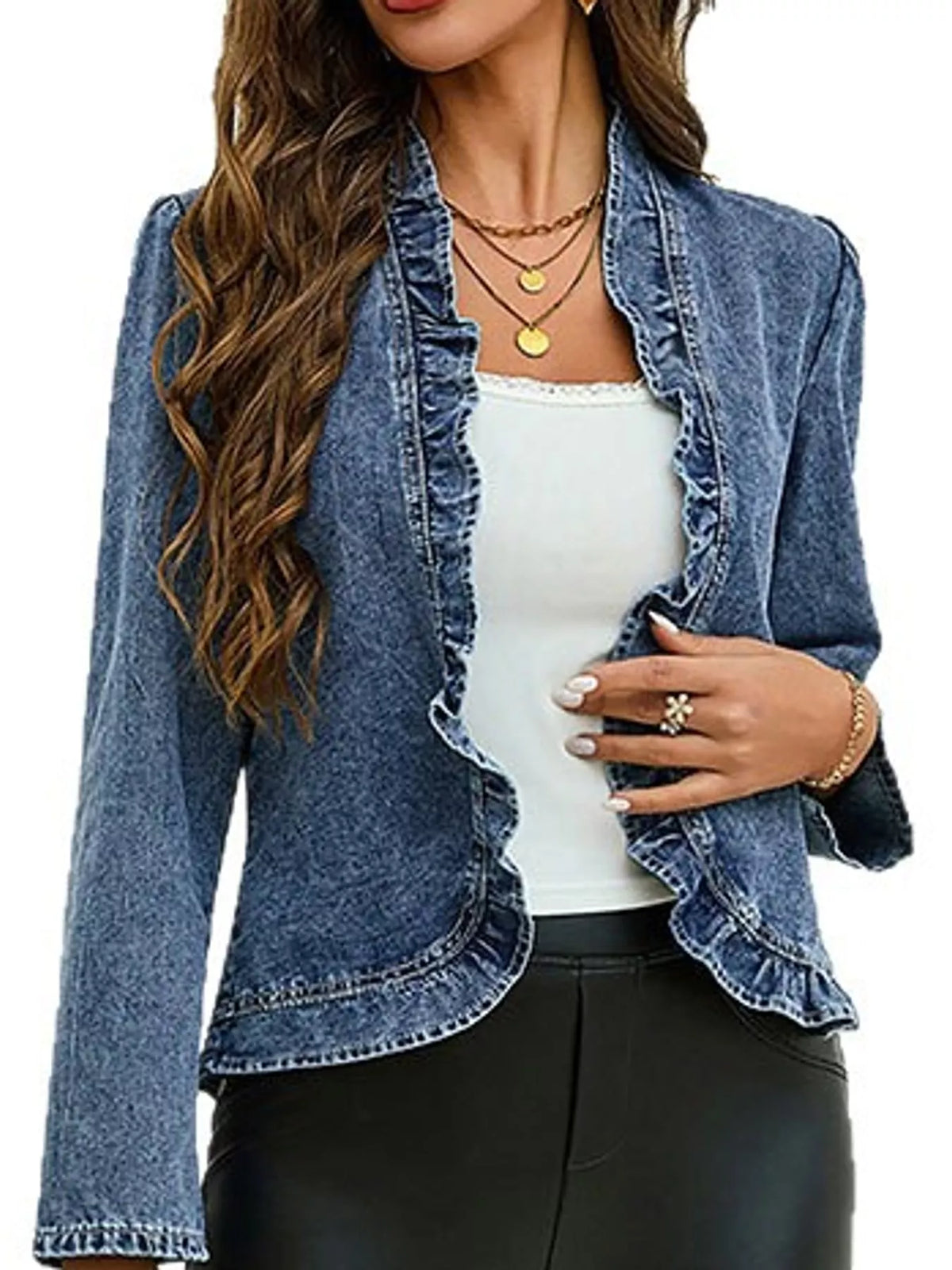 Open-Front Ruffled Trim Denim Jacket in Blue in Blue-Denim Jacket