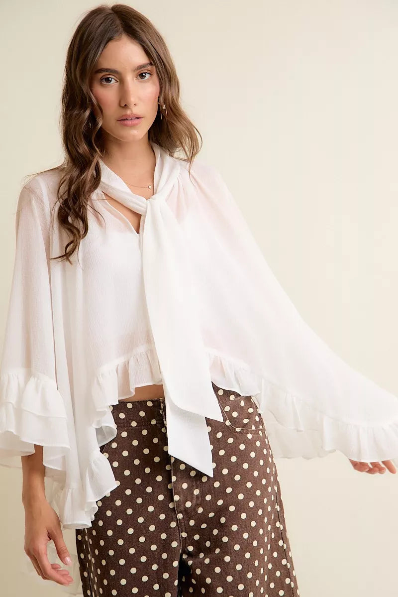 So Me Sheer Ruffle Bell-Sleeve Blouse in White