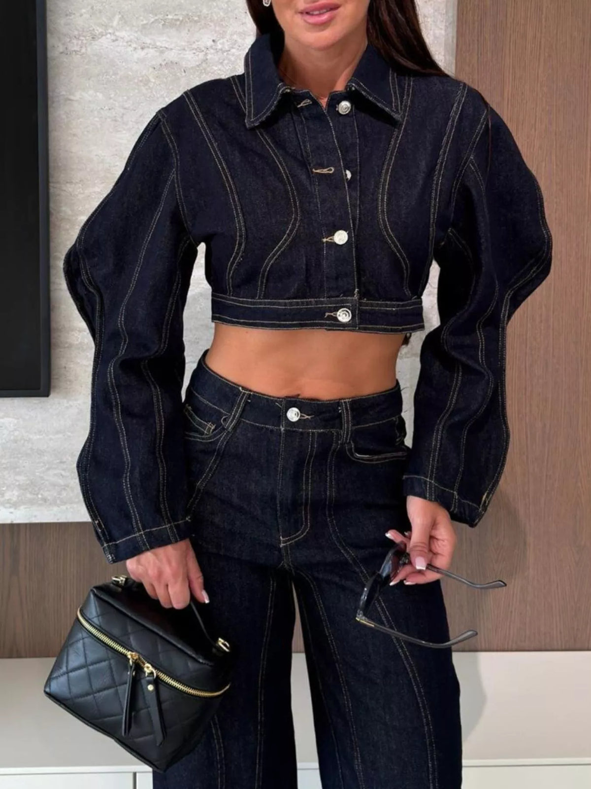 Cropped Denim Jacket and Wide-Leg Jeans Set