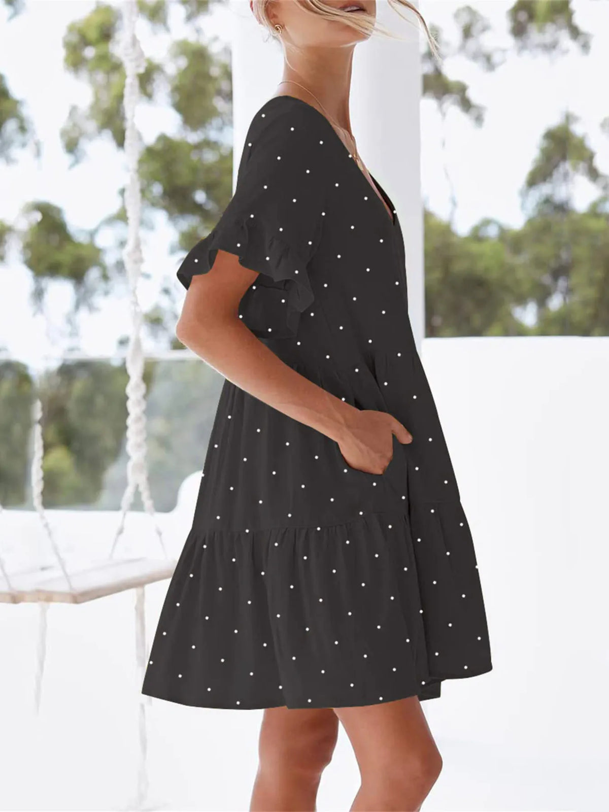 Polka Dot V-Neck Tiered Mini Dress