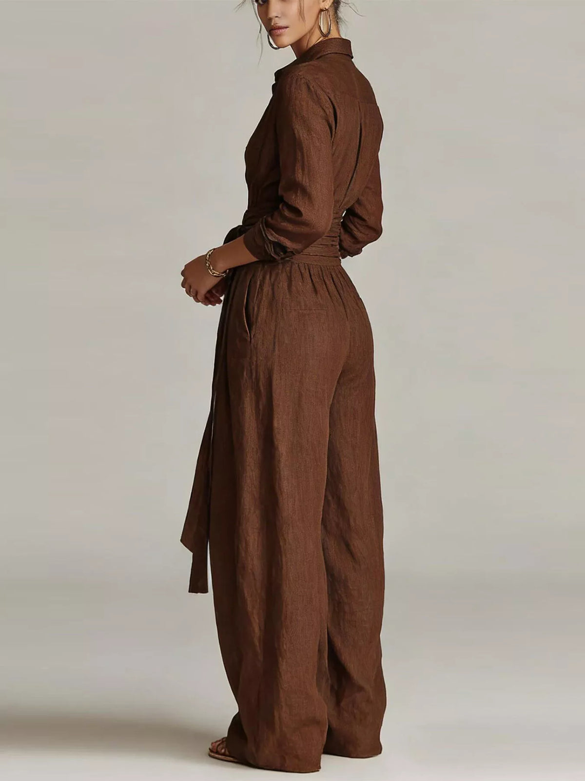 Long-Sleeve Button-Down Waist-Tie Jumpsuit