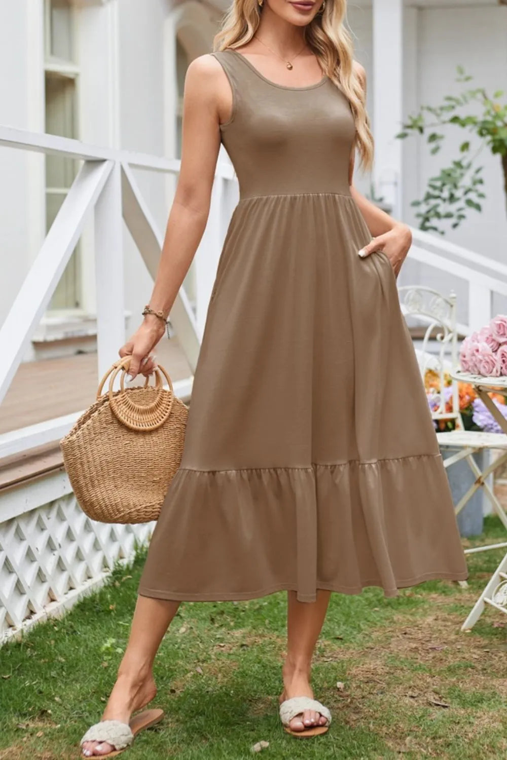Round Neck Wide Strap Tank Dress by Gen Beauty