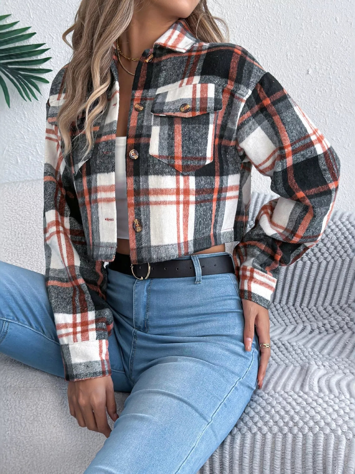 Plaid Button-Up Cropped Jacket by Clise