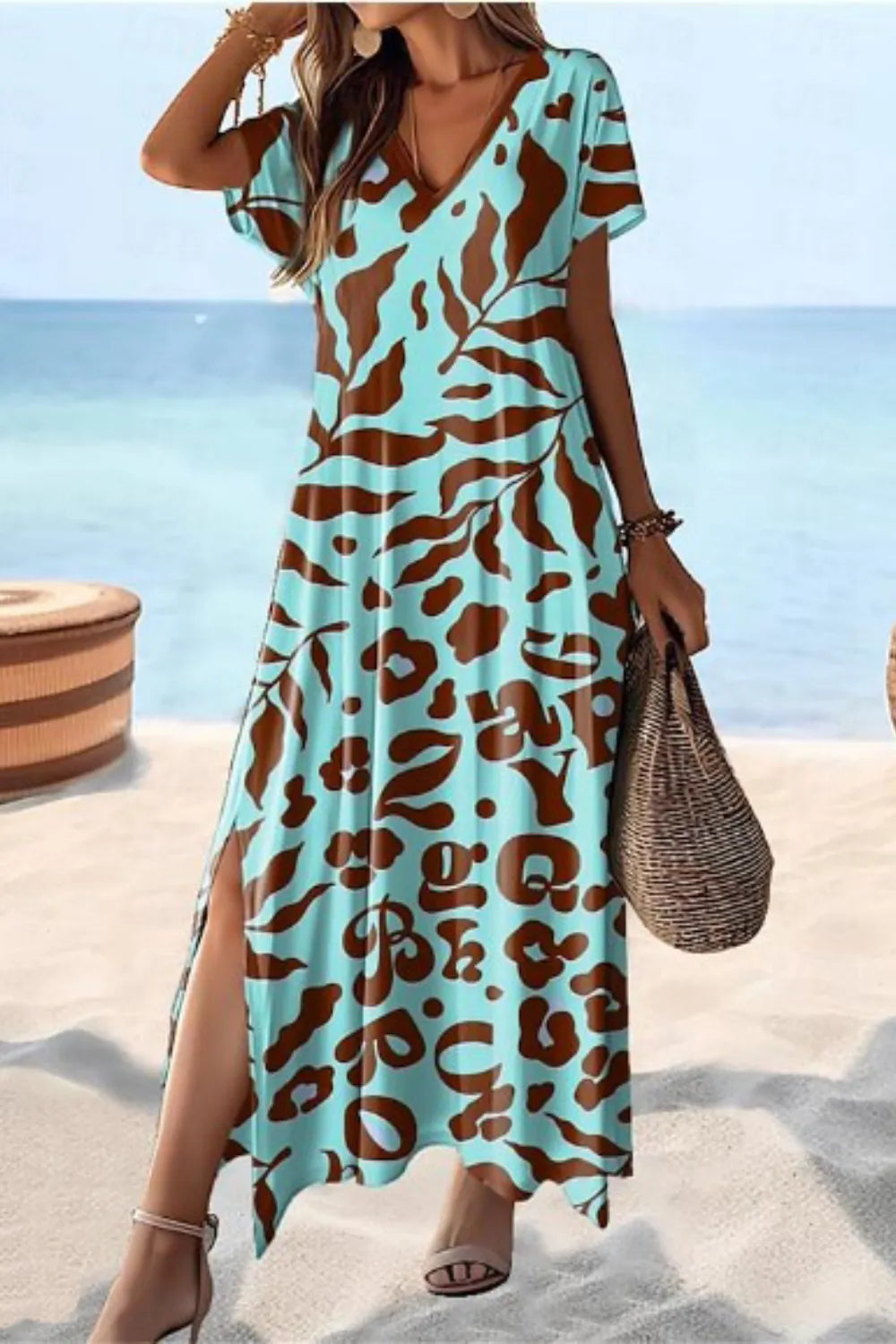 Printed V-Neck Tee Dress in Teal