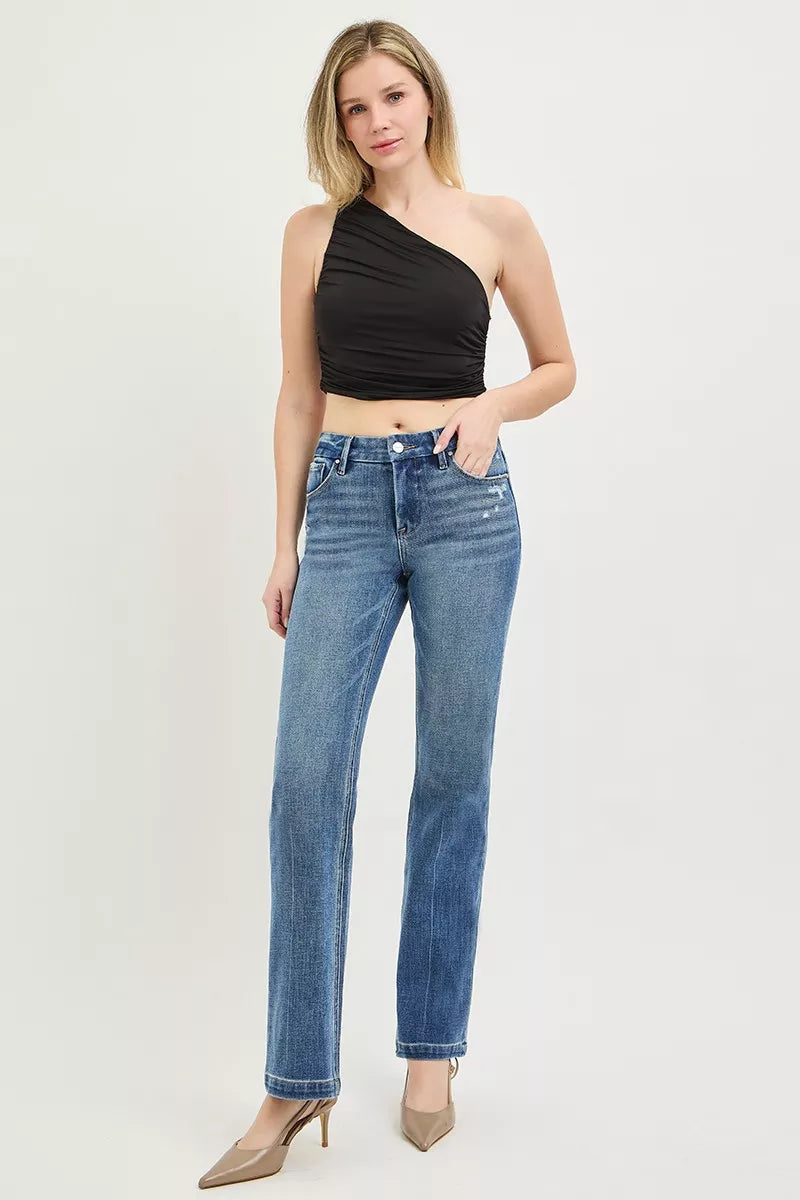 Risen Mid Rise Straight Leg Jeans in Medium Wash