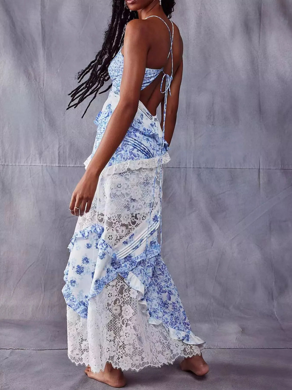 Lace Floral Ruffle Trim Maxi Dress