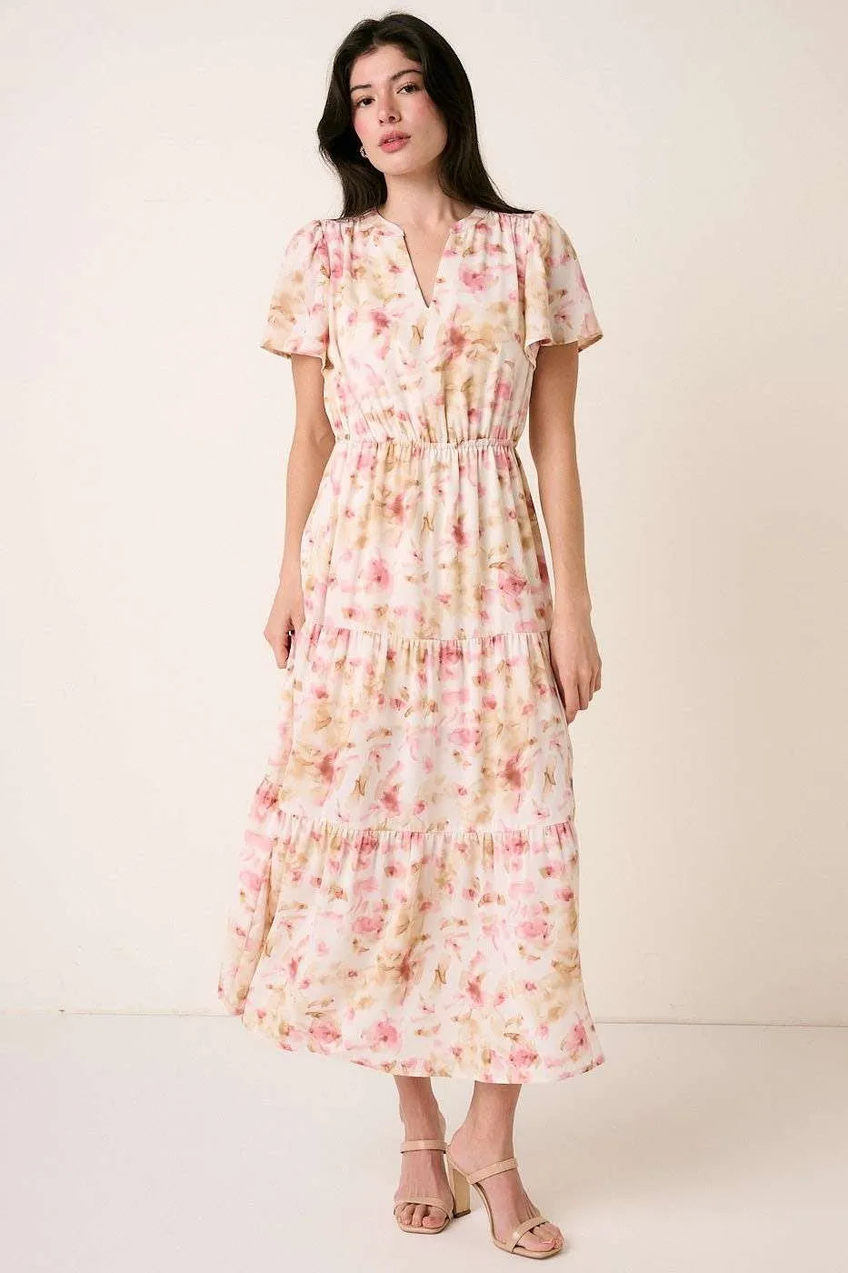 Flower Print Flutter Sleeve Maxi Dress in Pink by Mittoshop