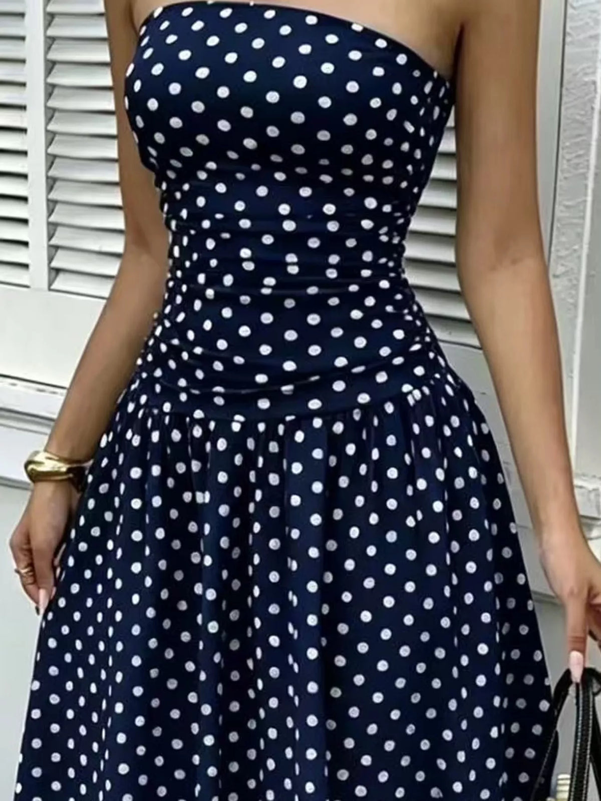 Strapless Polka Dot Ruched Maxi Dress