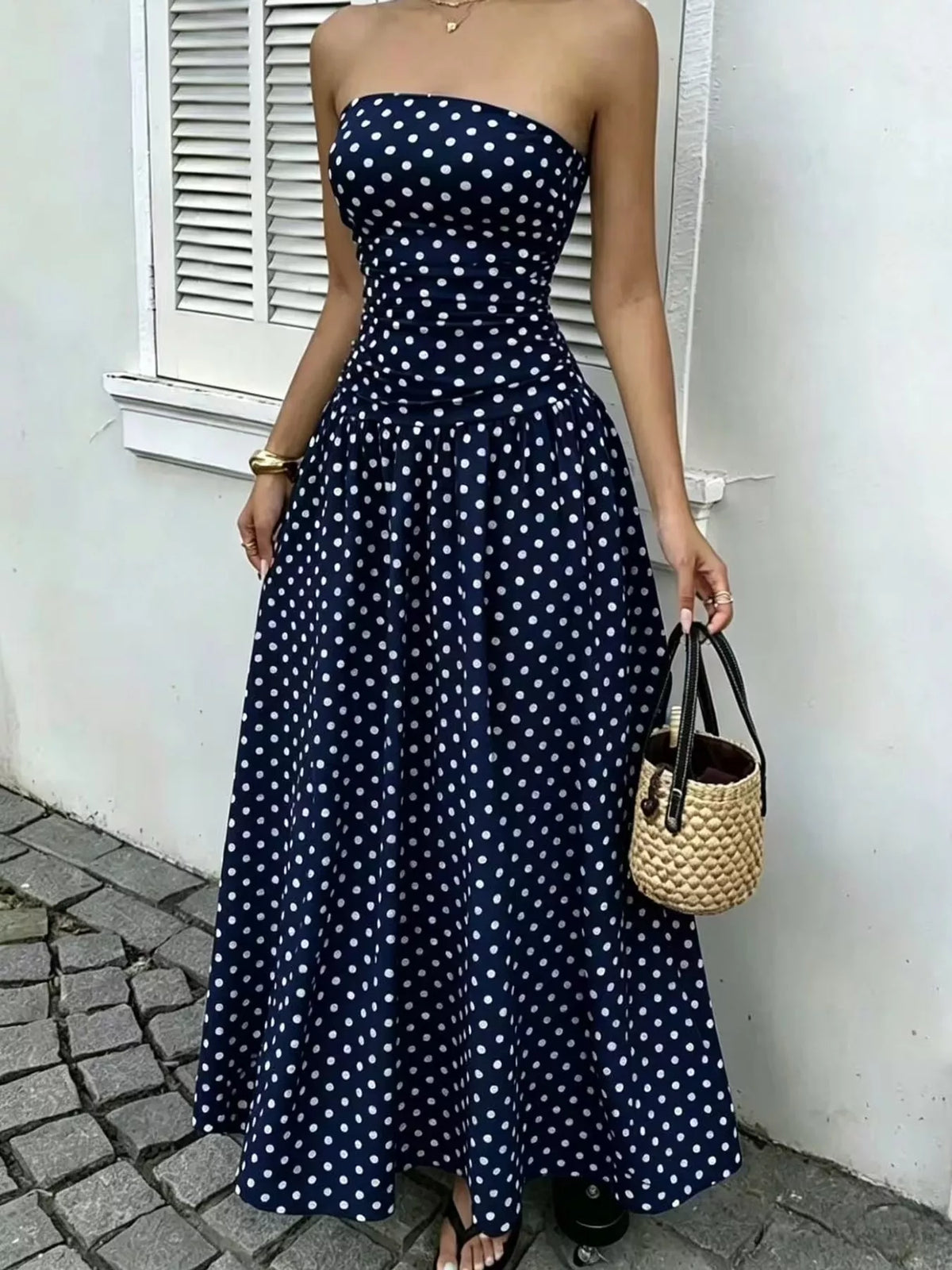 Strapless Polka Dot Ruched Maxi Dress