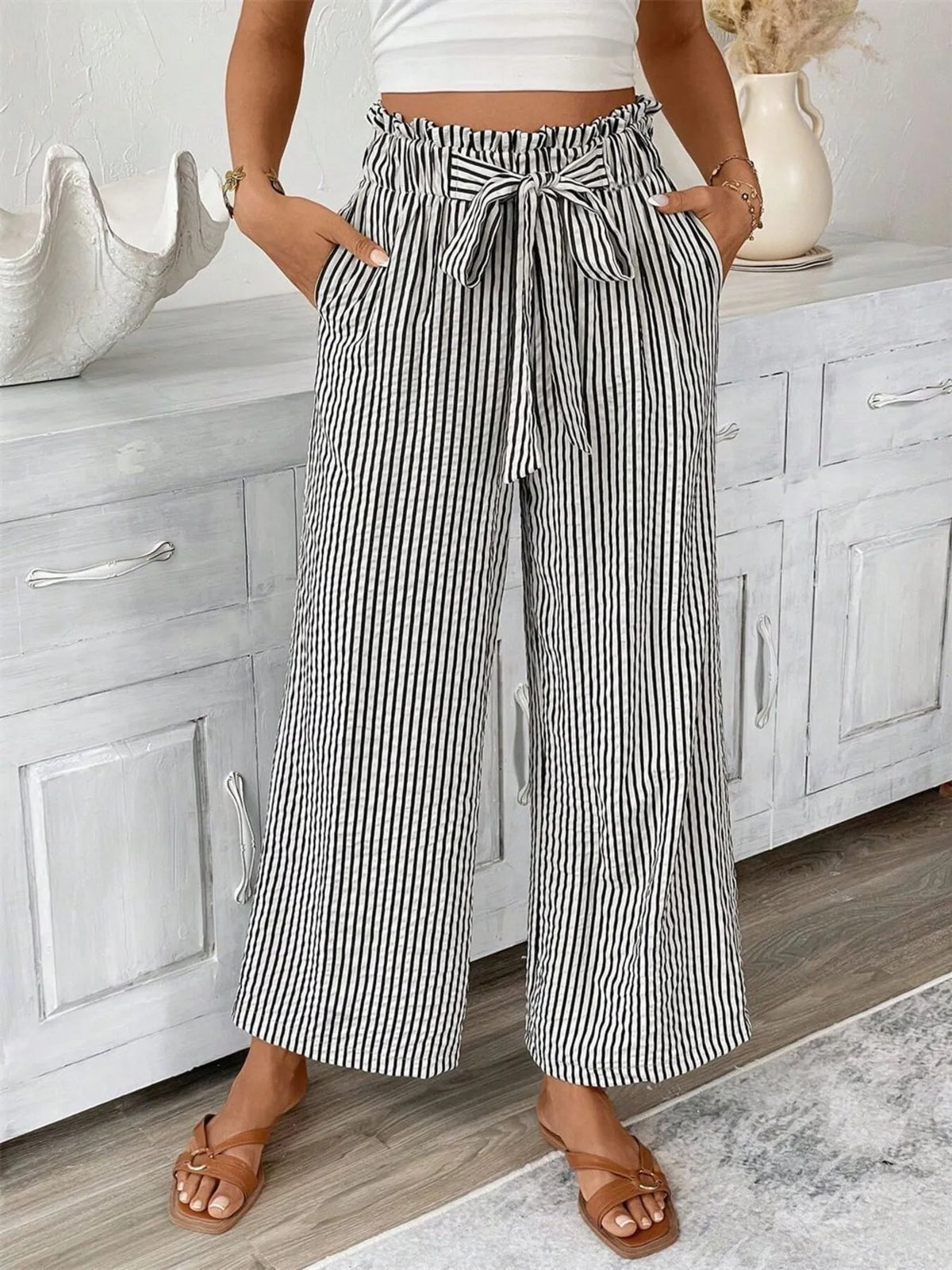 Striped Wide Leg Paper Bag Pants