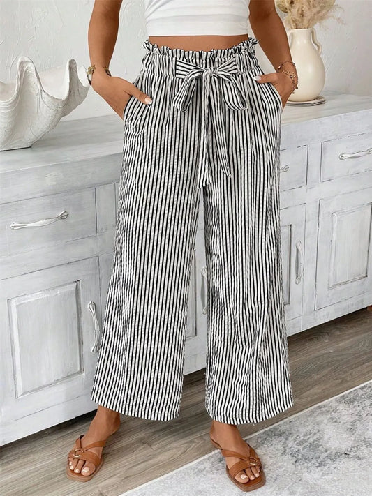 Striped Wide Leg Paper Bag Pants