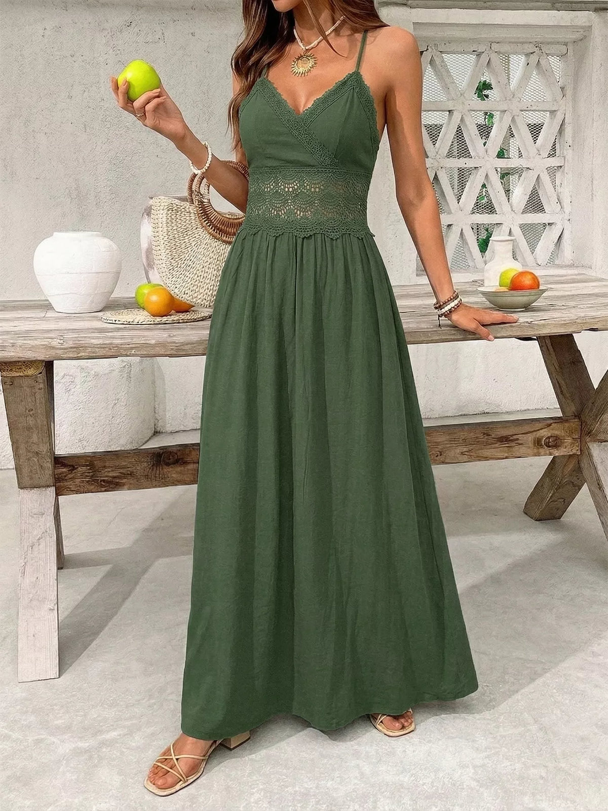 Lace Trim Spaghetti Strap Maxi Dress in Sage