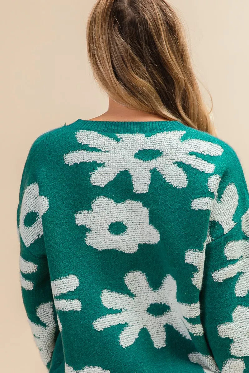 Flower Pattern Long Sleeve Sweater Top in Hunter by BiBi
