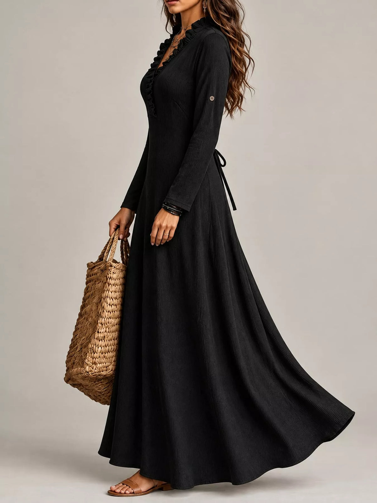 Frill Roll-Up Sleeve Maxi Dress