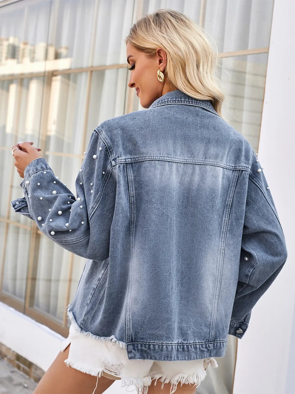 Pearl-Trim Raw-Hem Denim Jacket by Manny