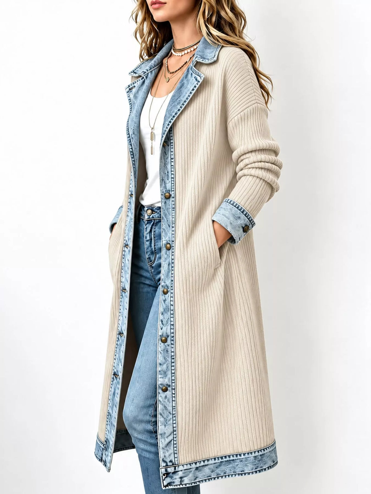 Denim-Trimmed Longline Cardigan