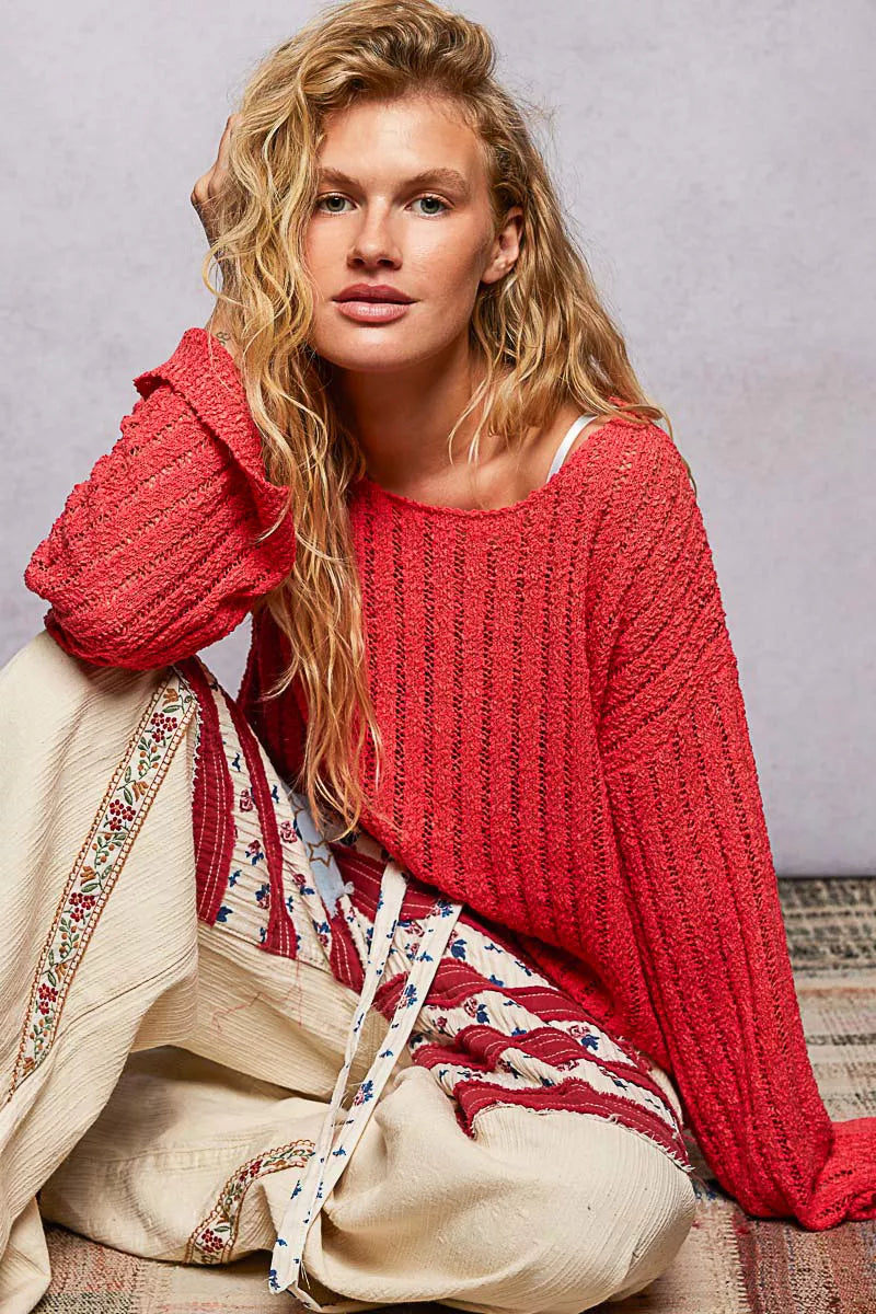Open Weave Round Neck Sweater in Apple Red by POL