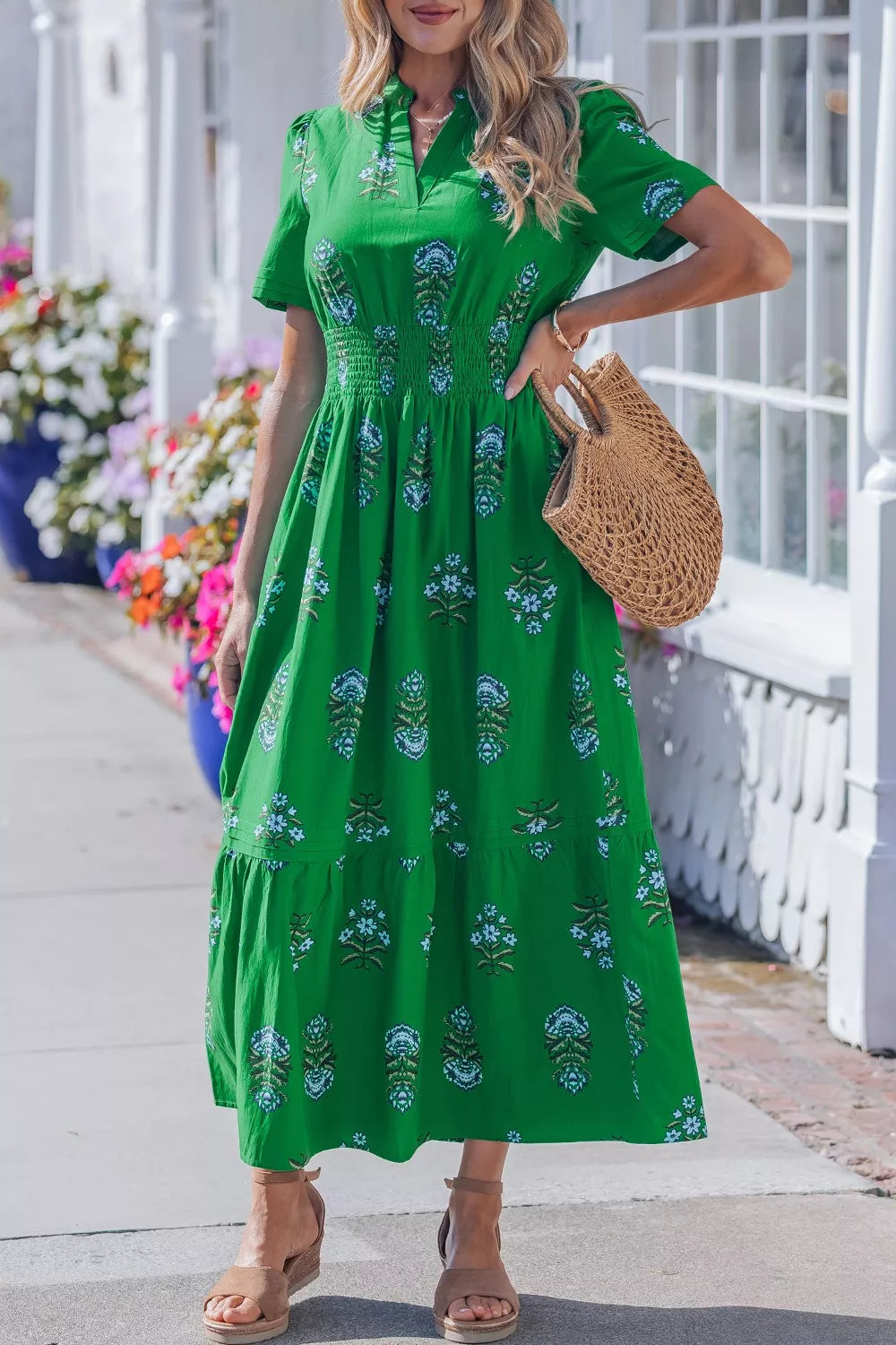 Floral Print Smocked-Waist Maxi Dress in Dark Green