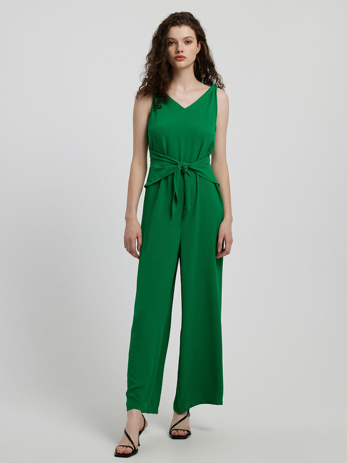 Knot Detail Tie-Front Jumpsuit in Mid Green