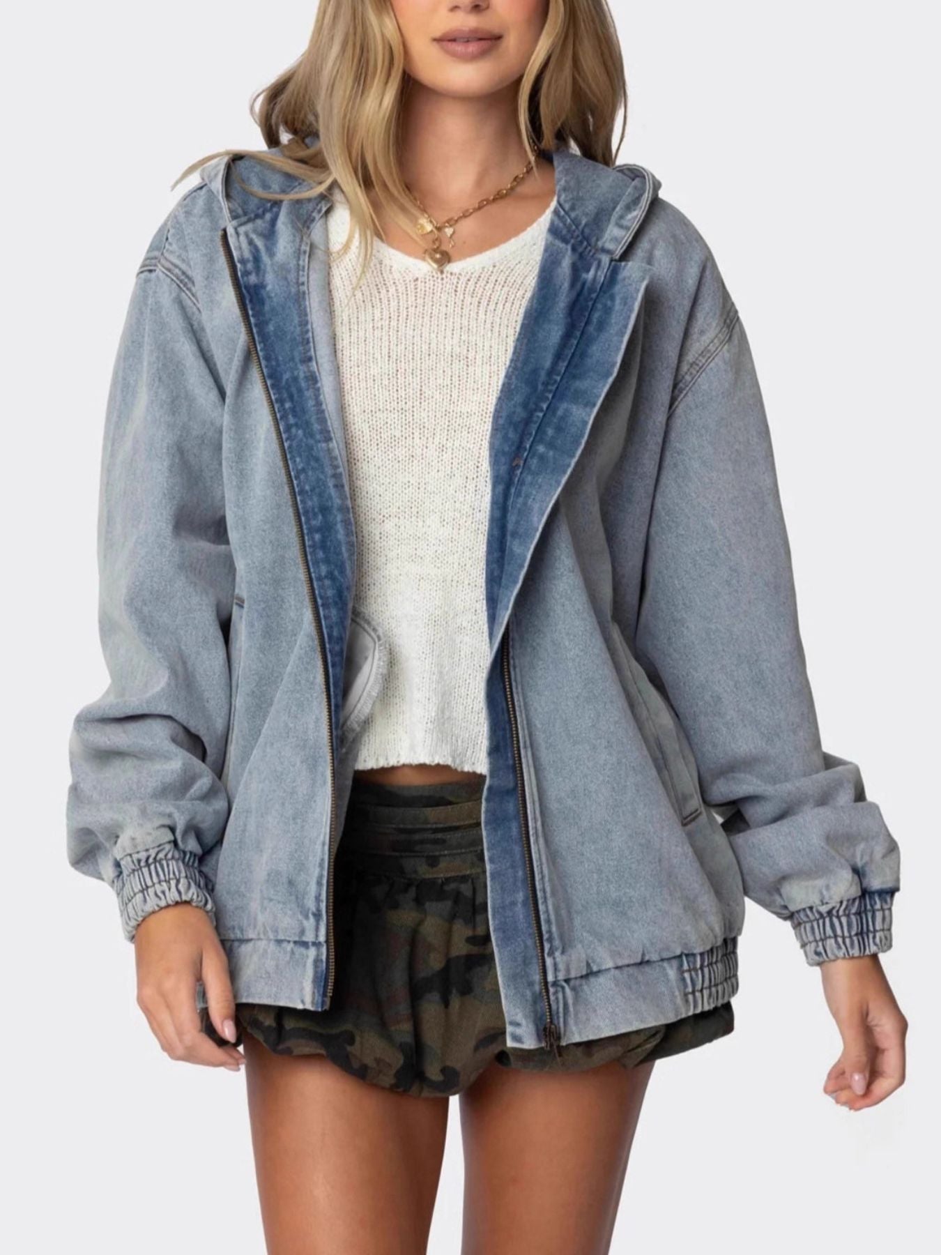 Hooded Oversized Zip-Up Denim Jacket in Light Blue by Dreamy Drapes