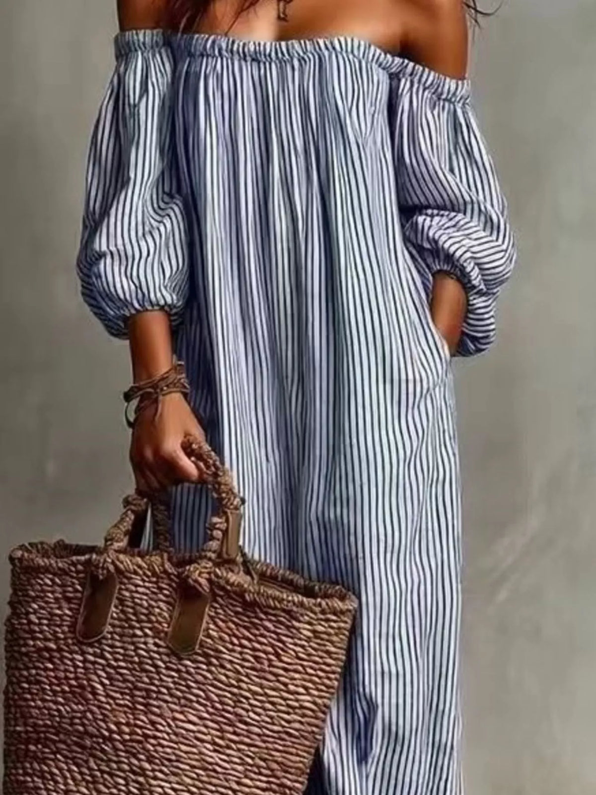 Off-Shoulder Striped Maxi Dress with Puff Sleeves