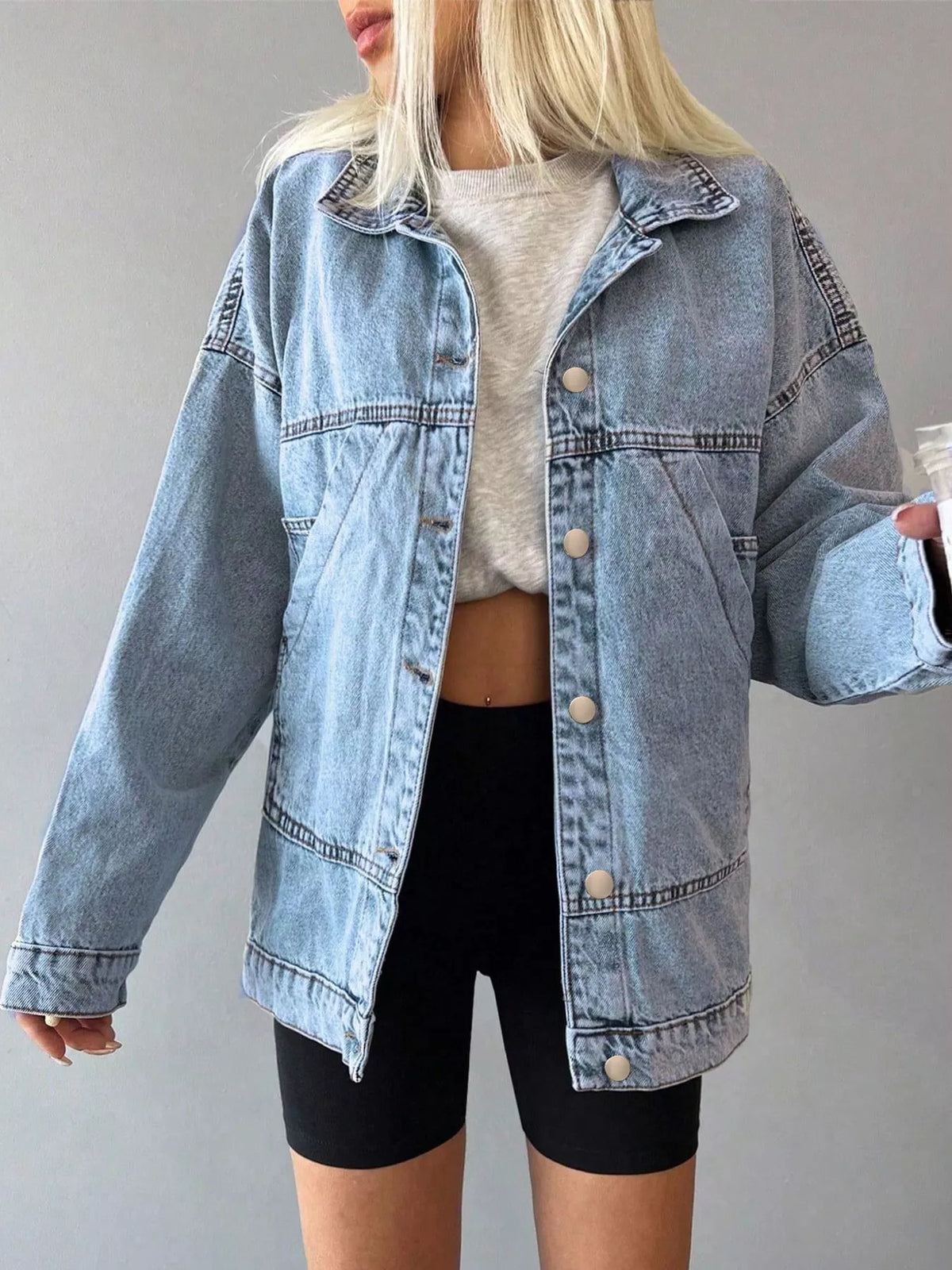 Oversized Dropped-Shoulder Denim Jacket in Light Blue