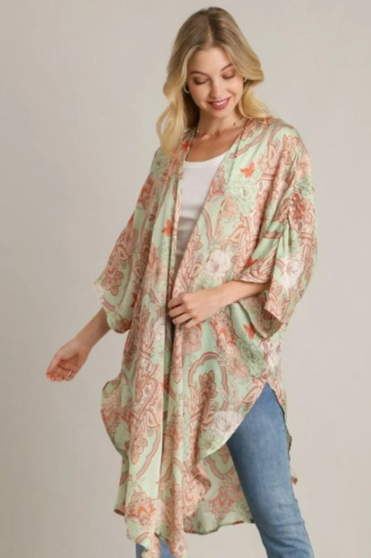 Umgee Open Front Kimono in Pistachio Mix