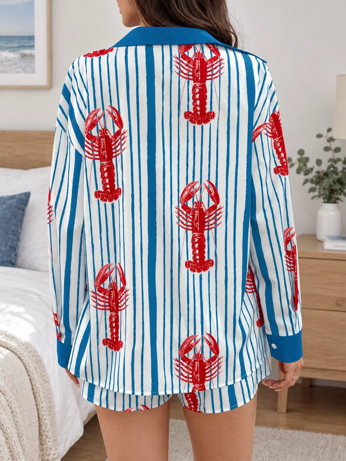 Lobster Print Striped Shirt and Shorts Set in Light Blue