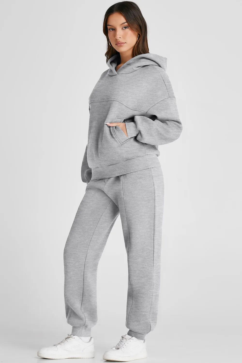 Dropped-Shoulder Hoodie and Pants Active Set in Gray