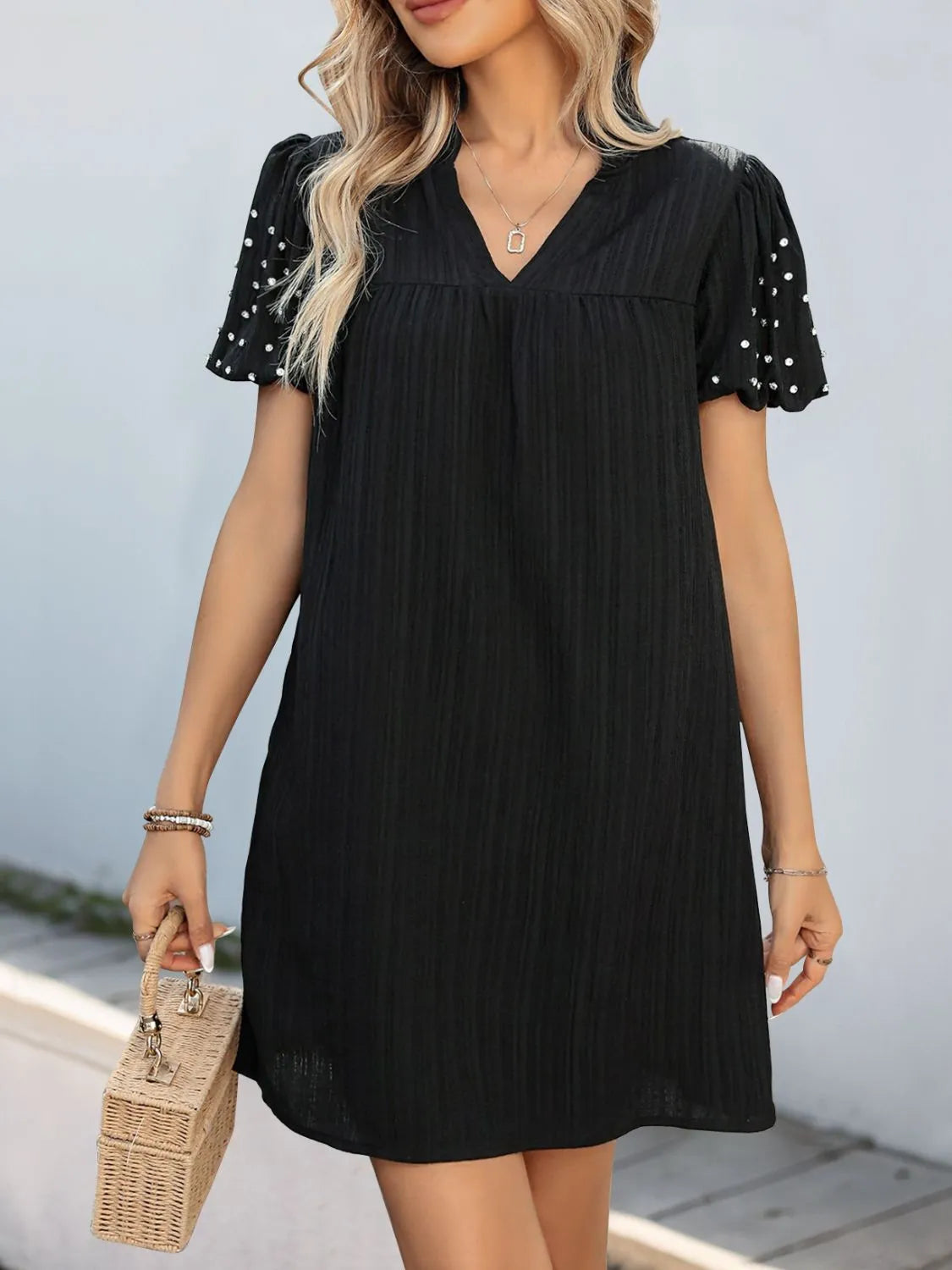 Textured V-Neck Mini Dress in Black