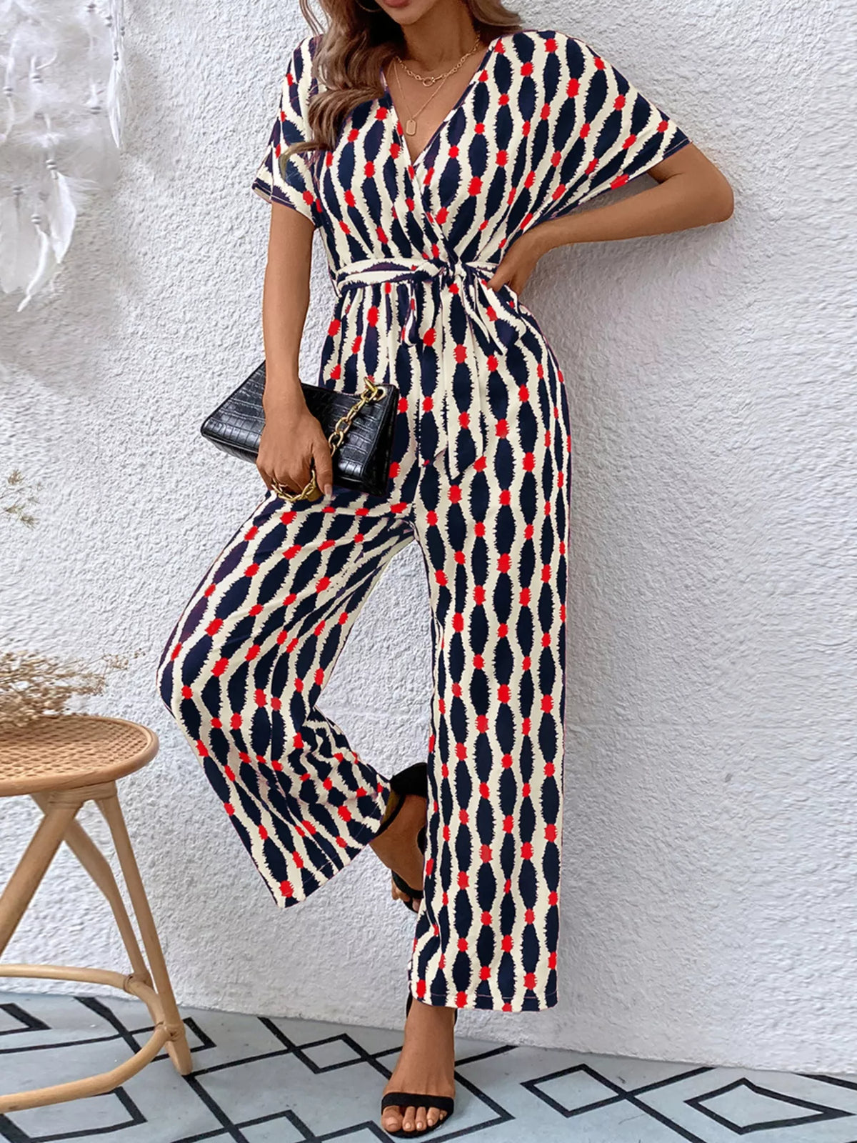 Surplice Tie Waist Short Sleeve Jumpsuit