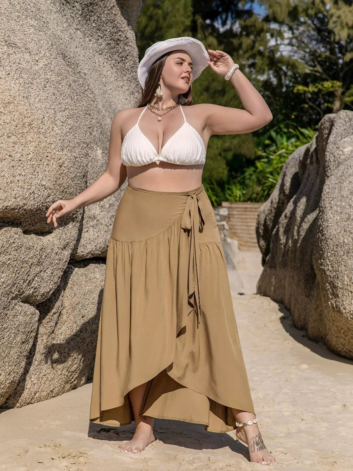 Plus Size High-Low Skirt in Camel