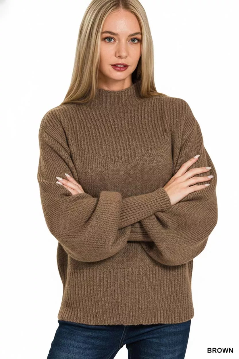 Zenana Balloon Sleeve Mock Neck Sweater in Brown