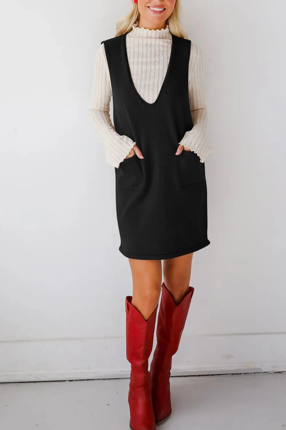 Pocketed V-Neck Sweater Overall Dress