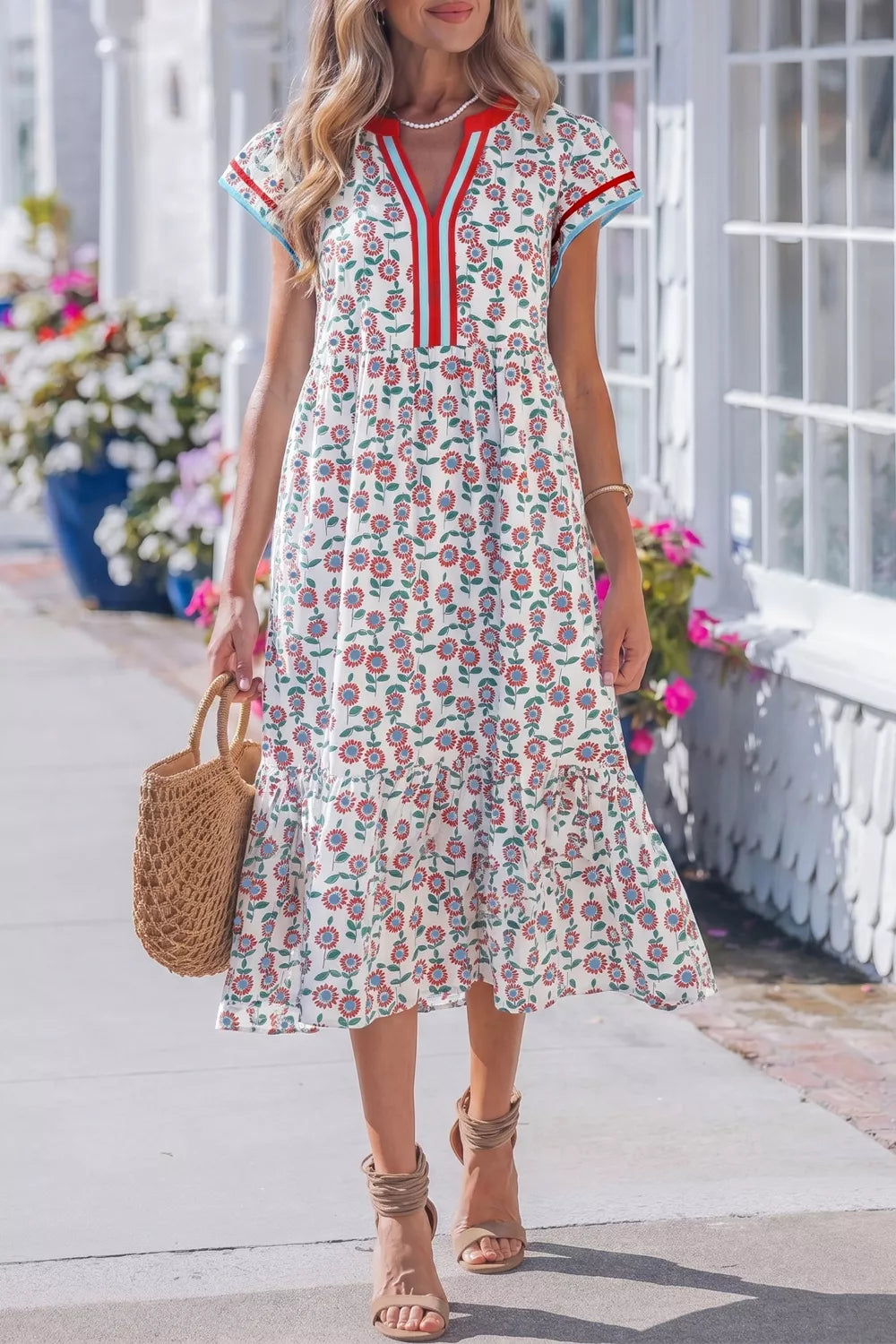 Ruffle Sleeve Tiered Midi Dress in Strawberry