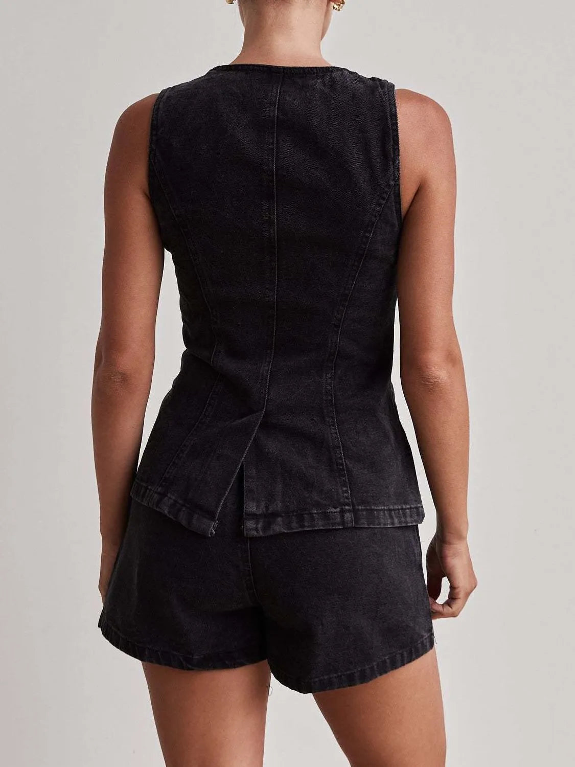 Button-Down Vest and Shorts Denim Set