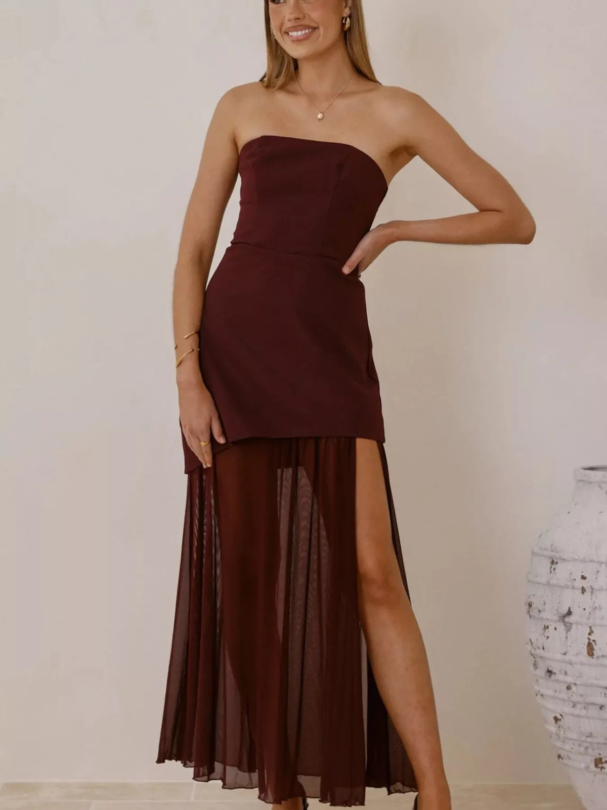High Slit Mesh Tube Maxi Dress in Burgundy