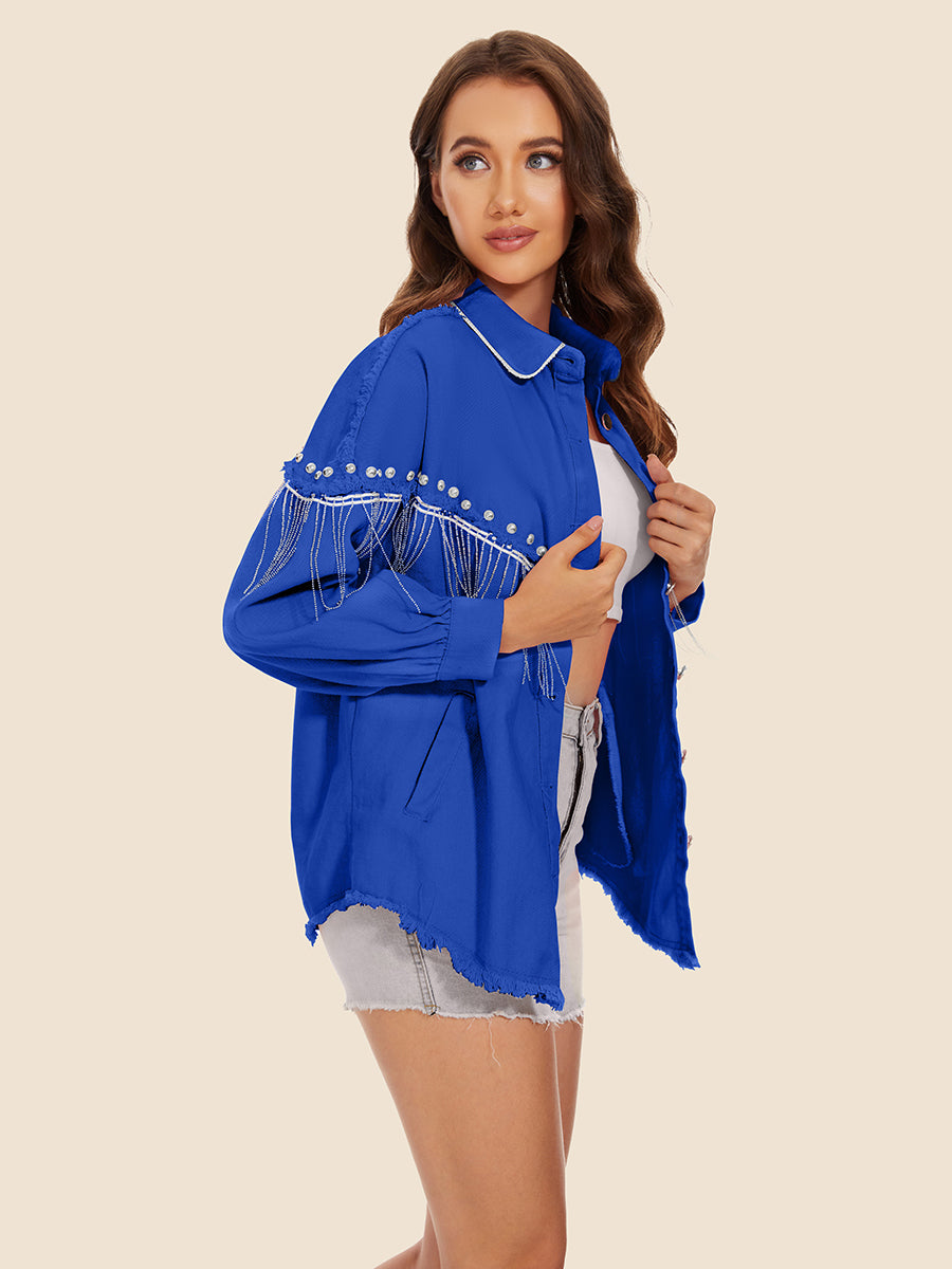Raw Hem Fringe Detail Denim Jacket by Y.Y@Denim