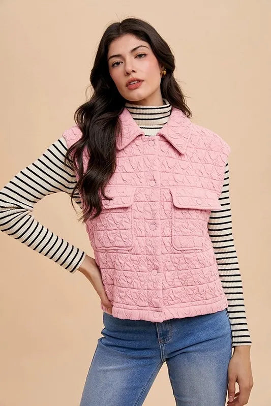 Annie Wear Quilted Snap Down Vest Coat in Blush Pink