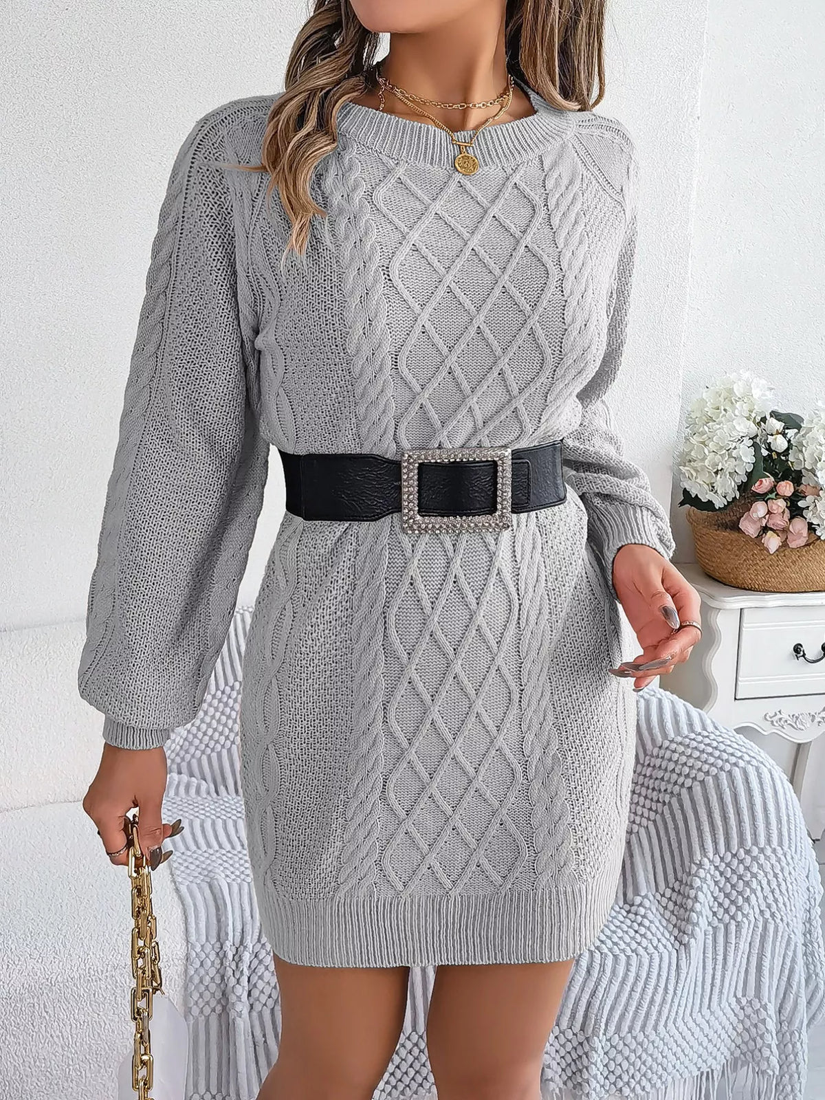 Diamond Cable-Knit Sweater Dress
