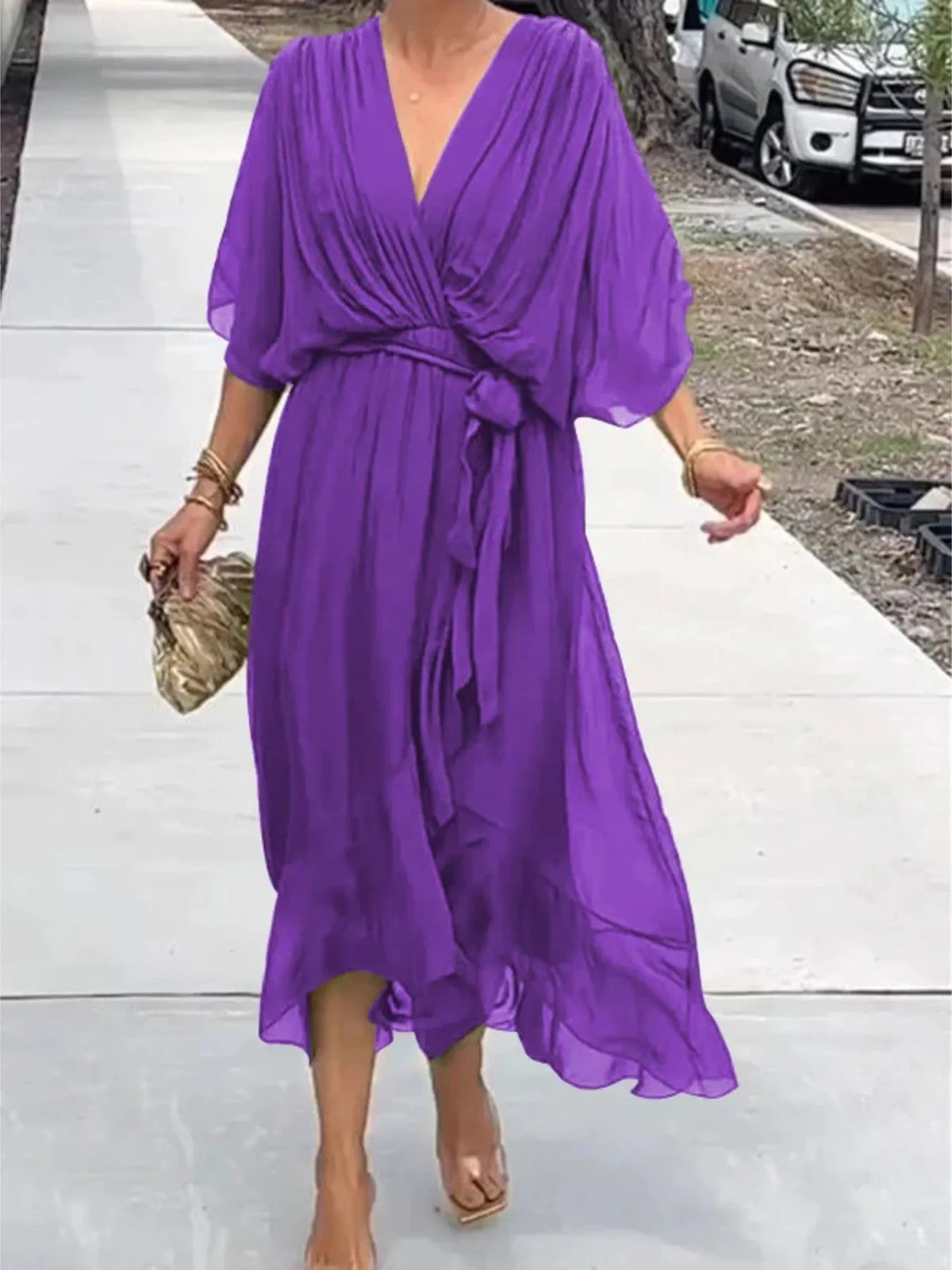Flowy Tie-Front Midi Dress with Flutter Sleeves