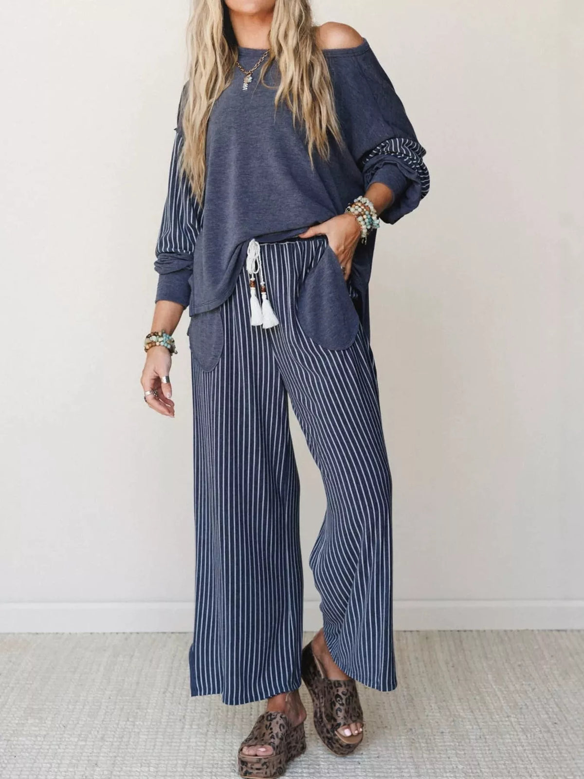 Striped Boat-Neck Top and Wide-Leg Pants Set